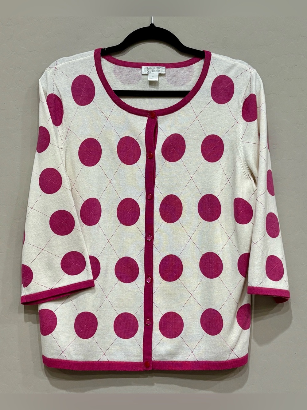 Christopher & Banks Pink Polka Dot Cardigan Sweater.  XL.